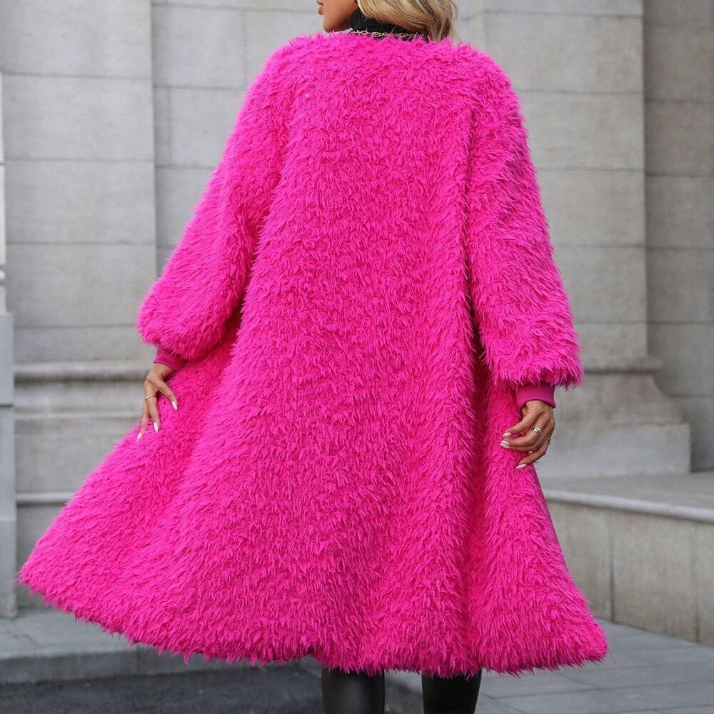 Hot Pink Casual Women's Mid-Length Faux Mink Fur Coat - Picture 2 of 6